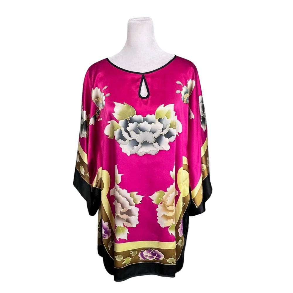 100% Mulberry Silk Pink Peony Floral Kaftan Blouse One Size Fits Most